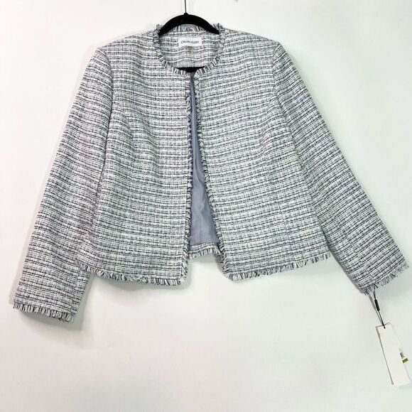 Calvin Klein Jacket Tweed Fringe Blazer Womens 14 Blue Open Front Clasp Career N - Picture 1 of 9